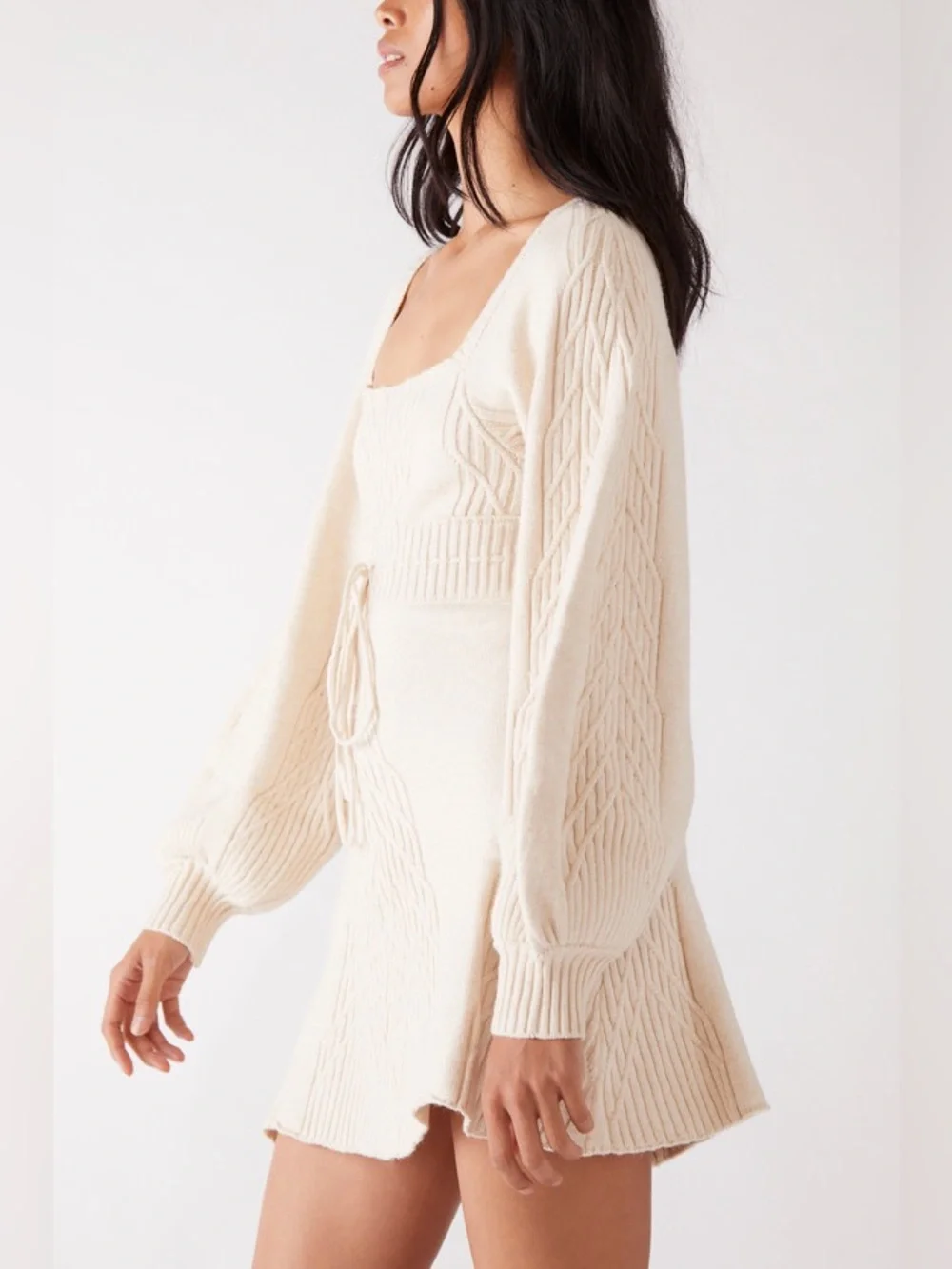 Free People Emmaline Mini Sweater Dress in Ivory Cream L Large Bishop Sleeve